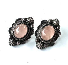 Vintage Rose Quartz Southwestern Stud Earrings Tested As Sterling Silver #22