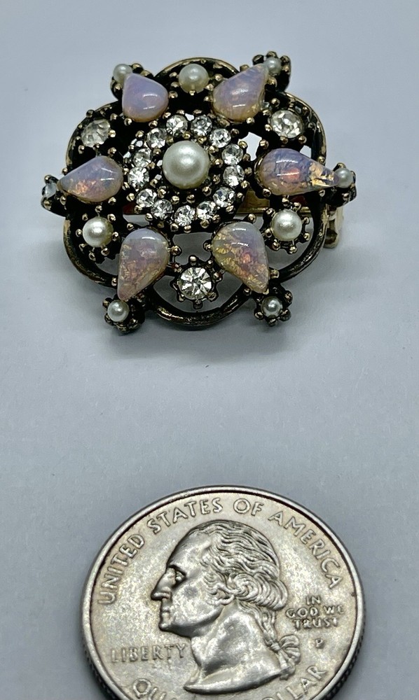 Vintage MCM Tear Drop Opal Art Glass Faux Pearl & Rhinestone Goldtone Brooch