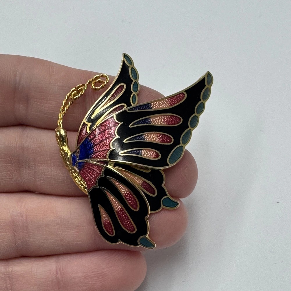 Vintage Cloisonne Butterfly Brooch Pin Enamel Multicolor 1.75in Gold Tone