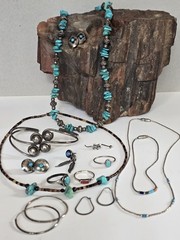 LG STERLING MIXED JEWELRY LOT-ZUNI NAVAJO MEXICO-TURQUOISE LAPIS CORAL-SOUTHWEST