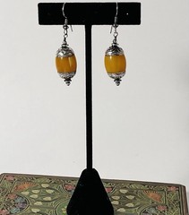Amber Resin & Sterling Earrings Tribal Beads From Nepal Dangle Style 2” Vtg