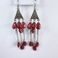 Vintage Long Red Beaded Silver Tone Drop Dangle French Wire Pierced Earrings
