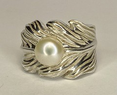 Vintage Large Sterling Silver 925 Leaf 9mm Cultured Pearl Statement Ring SZ 7.5