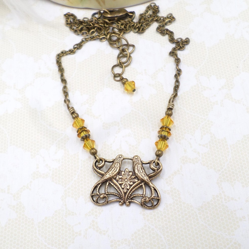 Small Art Nouveau Lovebird Necklace, Handmade Antique Brass Handmade Jewelry