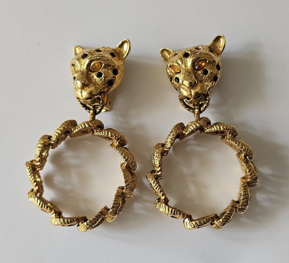 Vintage GRAZIANO signed gold tone Leopard Head Designer Runway Earrings Chunky