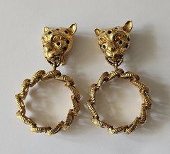 Vintage GRAZIANO signed gold tone Leopard Head Designer Runway Earrings Chunky