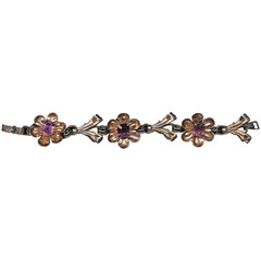 Vintage 1930s Bracelet Gold Wash Sterling Silver Flowers w Faceted Purple Stones