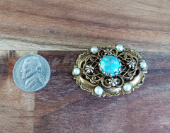 Vintage Turquoise Glass Faux Pearl Filigree Gold Tone Brooch Pin Ornate