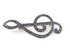 Vtg Signed MA Michael Anthony Sterling Silver Marcasite Treble Clef Brooch 925
