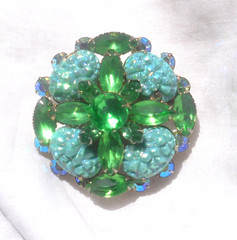 Vintage Aqua Lava Glass Green and AB Rhinestone Flower Brooch