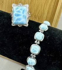 NWT-BBJ Sterling Silver Blue White Pectolite Larimar Ring Matching Bracelet Set