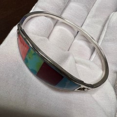 Vintage Alpaca Mexico Bangle Bracelet Multi Color Enamel Silver Tone 7.2 in