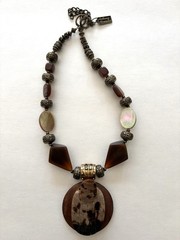 Anthony Alexander Chunky Wood & Mother of Pearl Beaded Statement Necklace Brown