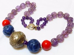 Vintage Carved Amethyst, Lapis, Laquer Beads Necklace, Sterling Bead, Clasp