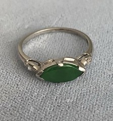 Art Deco JADE & DIAMOND RING, 14K White Gold – c1920, Green Jade Ring (5F141)