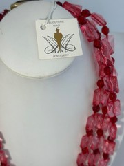 Vintage Pink & Ruby Red Lucite Acrylic Necklace 16” triple Strand statement