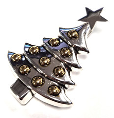 Vintage Signed BEST Silver Christmas Tree W/ Gold Ornaments Pendant Pin / Brooch