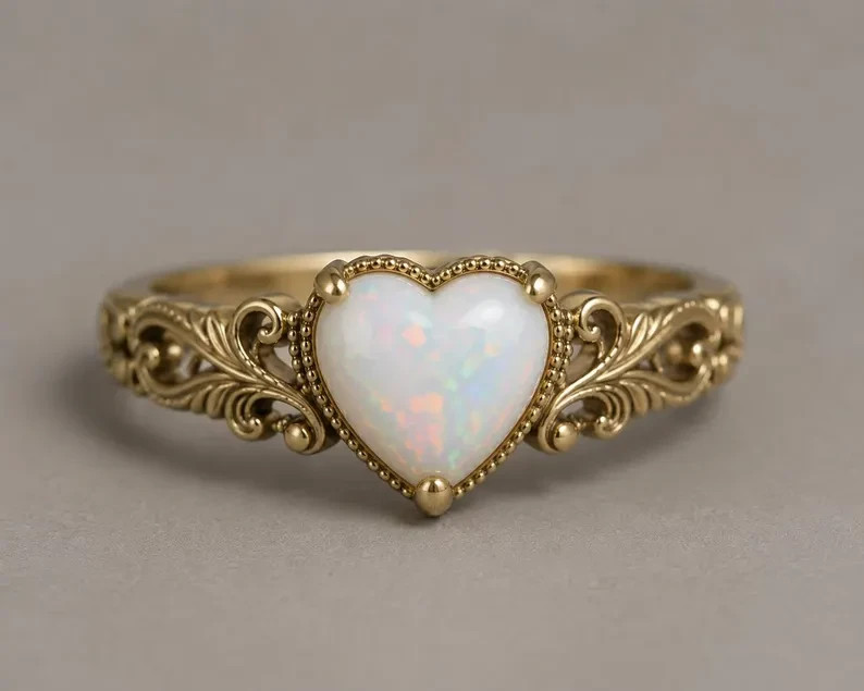 Natural Ethiopian Opal Heart Ring 925 Sterling Silver Vintage Promise Ring