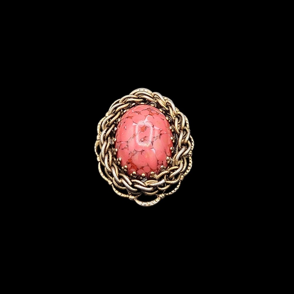 Gold Tone Brooch Pin Pendant Dyed Pink Howlite Stone Rope Twisted Frame 1″