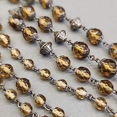 Vintage Glass Beaded Necklace Yellow Brown Faceted Silver Tone Caps 44″