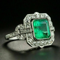 Art Deco Green Bezel Set Square Emerald & Lab Created Diamond 925 Silver Ring