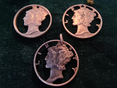 Silver Vintage Hobo Art Carved Openwork Mercury Dimes Earrings and Pendant Set