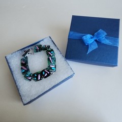 Handcrafted Dichroic Fused Glass Bracelet | Square Links | Blue-Green