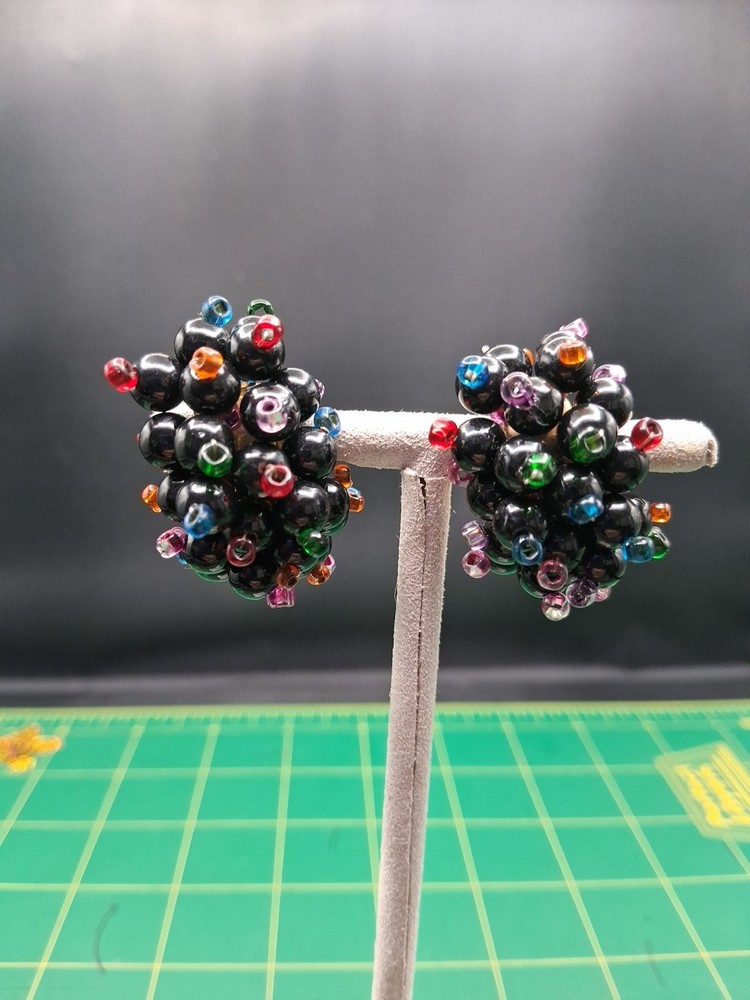 Vintage Cluster Pierced Earrings Crystal Beaded Multi-Color Chunky 1970s