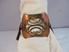 Vintage Wide Copper and Brass Art Nouveau Style Bracelet with Safety Chain