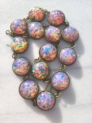 SALE! VINTAGE OPAL FOIL MILKY LILAC GLASS CABACHON STATION NECKLACE SET HEAVY