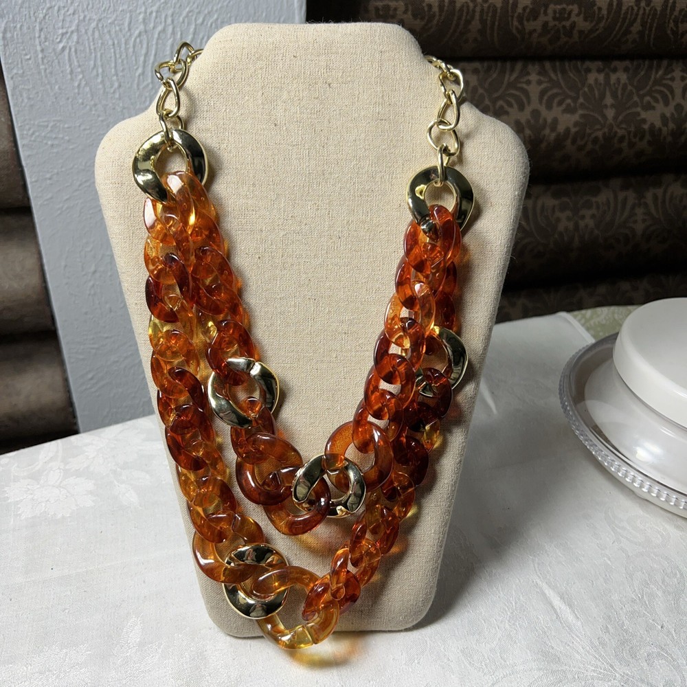 Large Link Amber Acrylic/lucite Two Tier Necklace With Gold Tone Spacer Links