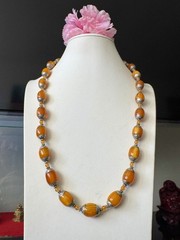Vintage Style Ethnic Indo/Tibet Tribal Theme Silver Capped Amber Resin Necklace