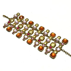 Vintage Signed VCLM Bracelet Gold Tone w/ Pink & Orange Stones 8″ Long 2.5″ Wide