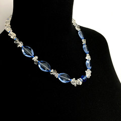 QUARTZ jewelry set – necklace & earrings -clear stone chips & blue glass beads