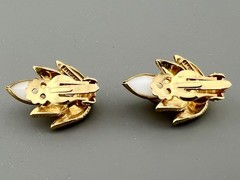 Vintage Hollycraft Earrings Milk Glass Bezel Set Gold Tone Clip Ons Signed