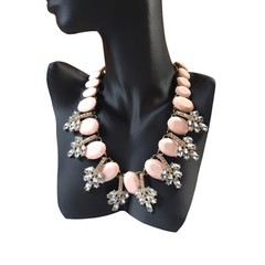 Vintage Unbranded Pink Plastic And Rhinestone Chunky Necklace Unique Gold-Tone