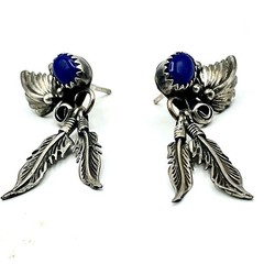Vtg NAVAJO JERRY COWBOY Sterling Silver Lapis Lazuli Feather Dangle Earrings 4g