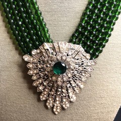 One Of A Kind Statement Necklace..Antique Dress Clip. Green Glass Beads (AS IS)