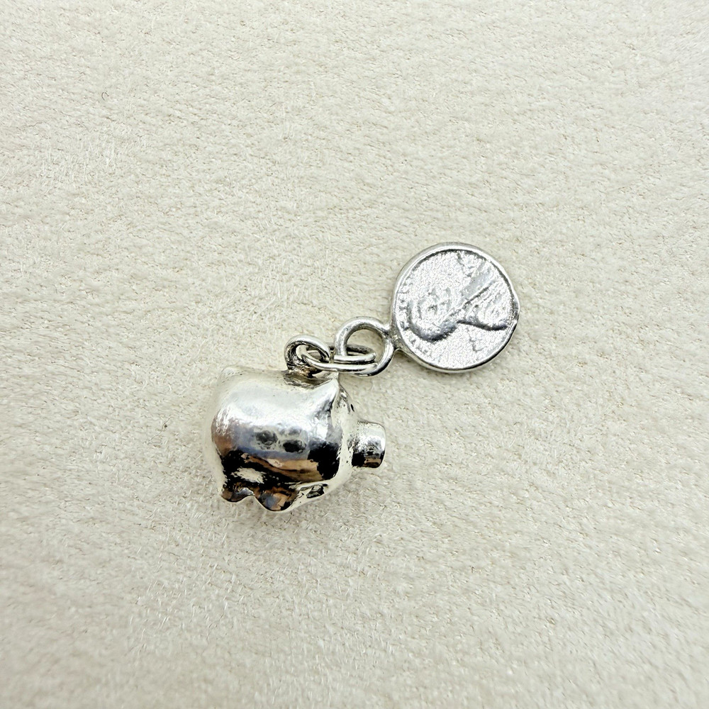 Vintage 925 Sterling Silver Small Piggy Bank Attached Coin Money Dangle Charm