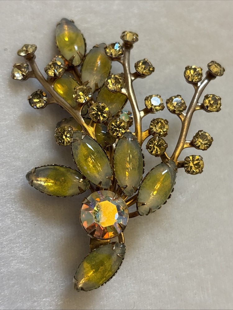 Vintage MCM Retro Large Flower Spray Brooch w Rhinestones and Glass Navettes