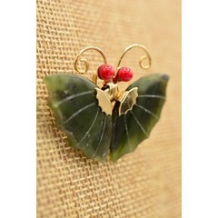 Vintage Butterfly Pin Brooch Green Cabochon Faux Jade Gold Tone 1970s BinAQ