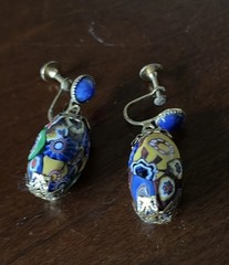 Vintage Murano Millefiori Glass Bead Drip Earrings Gold Tone Twist Back