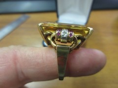 Vintage 14KT Solid Yellow Gold Huge (26mm x 17mm) Yellow Topaz Ring w/ Ruby & Di