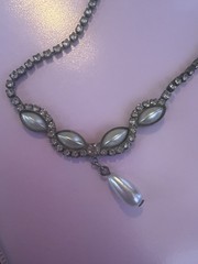 Vintage 1950s Rhinestone Bib Necklace with Marquise Faux Pearls & Pearl Drop
