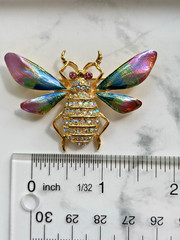 Vtg Signed Graziano Bee Insect Brooch Pin AB Crystals Multicolor Wings, Goldtone