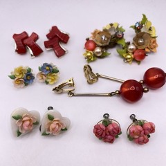 Lot of 6 Pair Clip on Earrings Vintage Thermoset Moonglow Fruit Flowers Jewelry