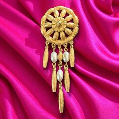 Faux Pearl Waterfall Brooch Gold Tone Dangle Statement Pin Vintage Tona