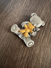 Vintage JJ Teddy Bear Brooch Silver Gold Tone Bear Holding Teddy Pin 2”