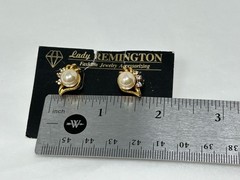 Vintage Lady Remington Faux Pearl Rhinestone Pierced Post Earrings on Card