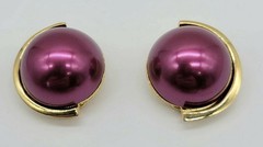 VINTAGE LANVIN PARIS RASPBERRY PINK DOMED ROUND CABOCHON GOLD TONE EARRINGS